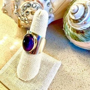 Amethyst Set In 14KT Gold Bezel on Sterling Silver Band